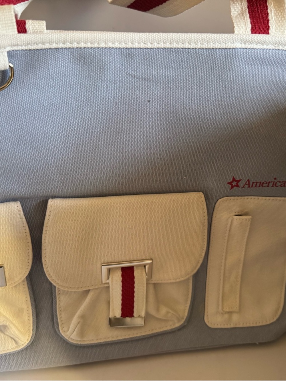 Bath and Body Works American Girl Blue Canvas Tote with Cream Front Pockets